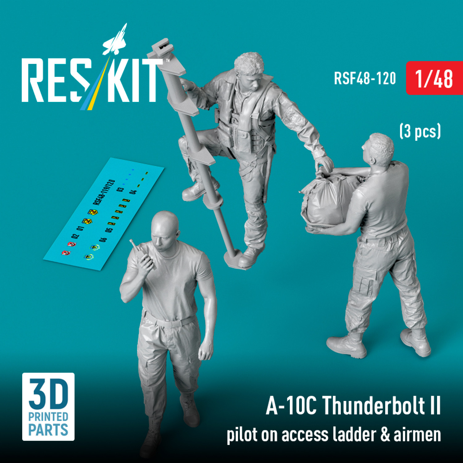 A-10C&ldquo;雷电II&rdquo;攻击机飞行员在登机梯上及机组人员（3件）（3D打印）（1/48）